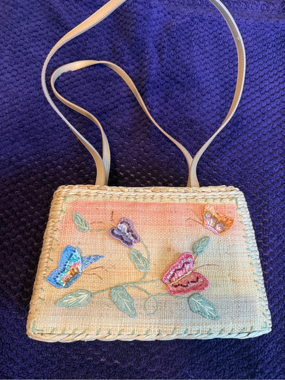 Handwoven Butterfly Embroidered Straw Crossbody Bag - Pink & Multicolor